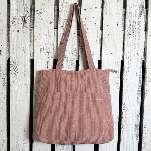 Corduroy Tote Bag Mauve Pink Shoulder Casual Purse 3 Front Pocket Zip Close Fall - Picture 1 of 11